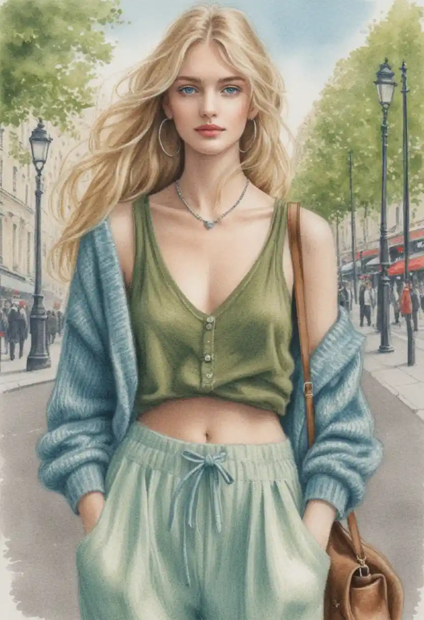 Stylish blonde woman walking on a Parisian boulevard