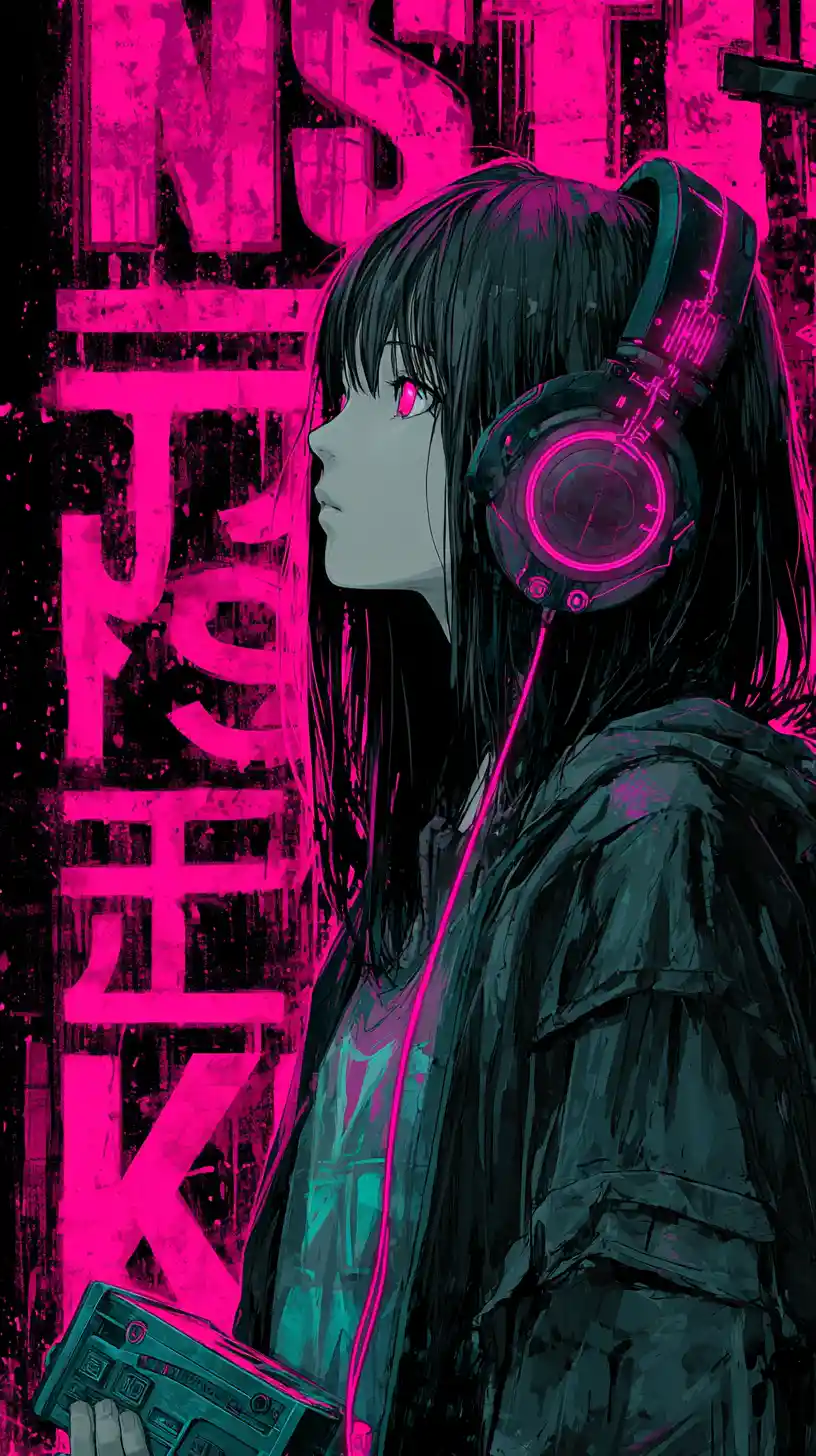 Anime girl in headphones amid neon pink graffiti