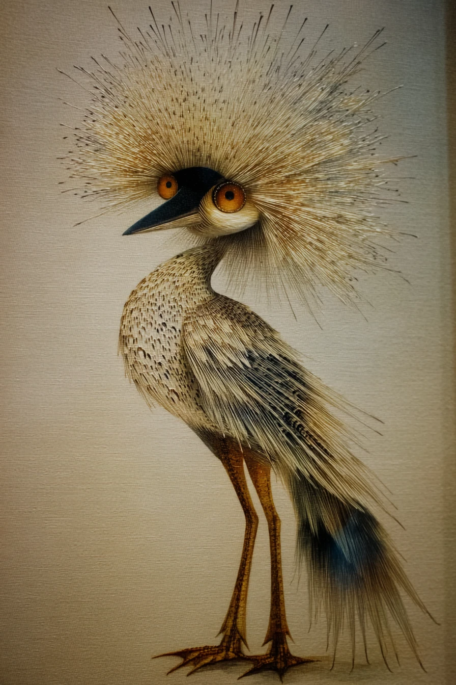 Surreal nylon feathered bird with nickel eyes and feet