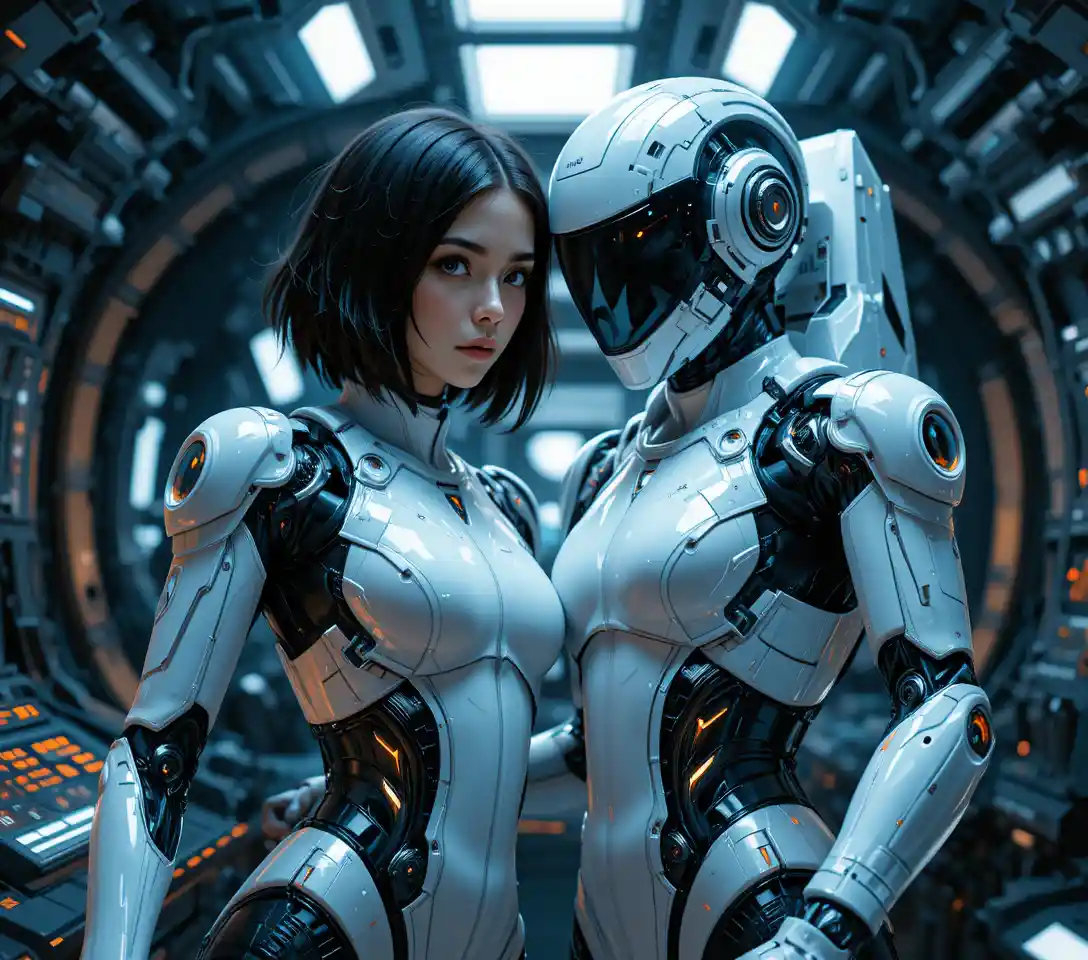 Female astronaut and robot in futuristic spaceship control room
