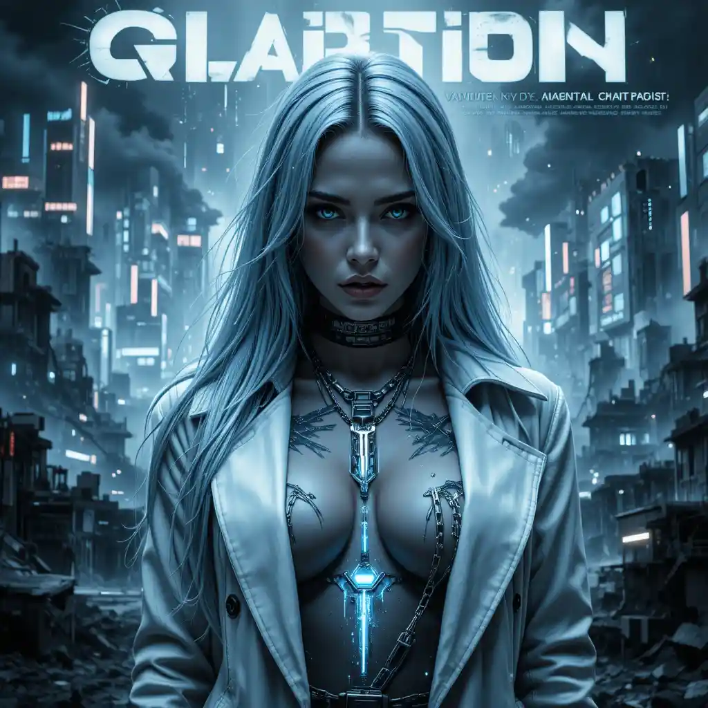 Cyberpunk femme fatale close up over dystopian city