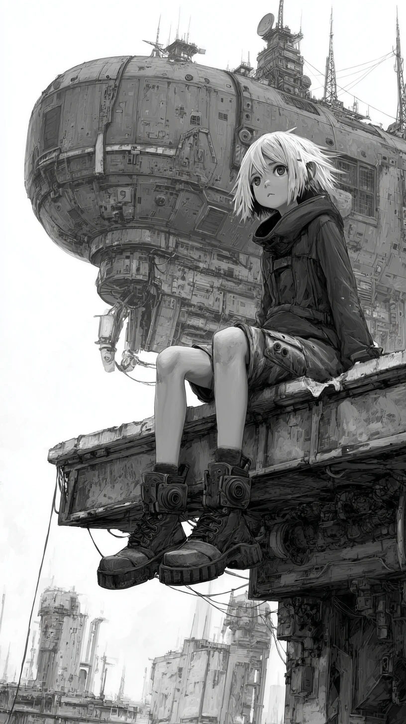 Anime girl on ruined ledge under looming airship fortress