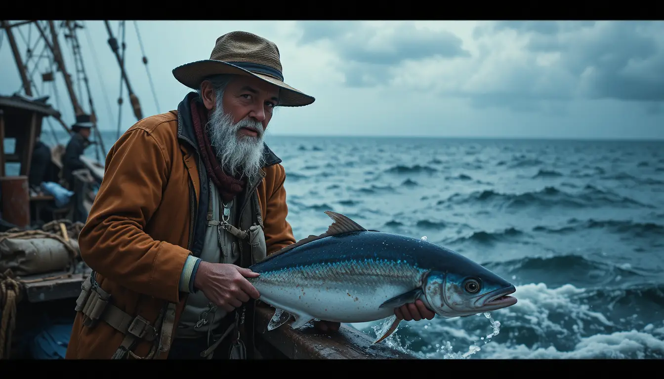 Old fisherman alone at sea on his small boat