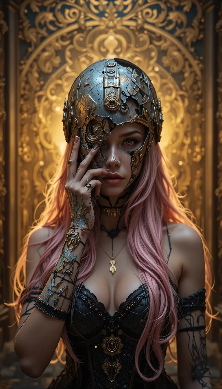 Filmische Frau mit zerbrochenem Helm im goldenen ornamentalen Licht