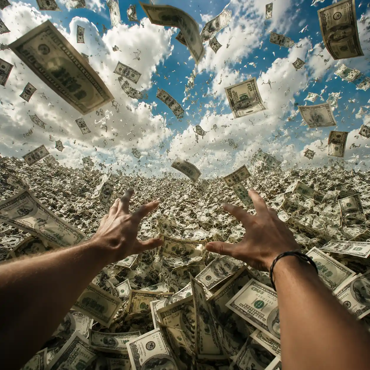 First person hands reaching into a sky of flying money