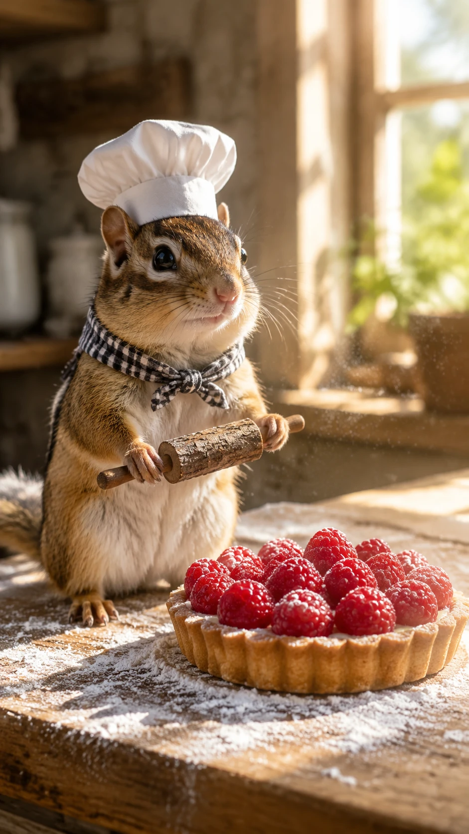 Ardilla Chef Junto a una Tarta de Frambuesa a la Luz de la Mañana