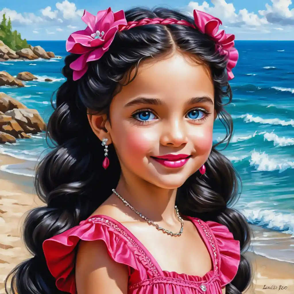 Smiling girl with long curly hair in fuchsia summer dress