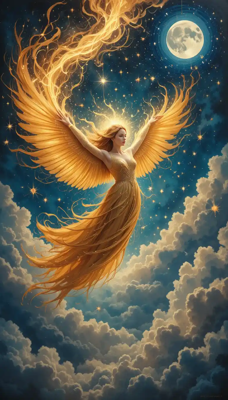 Golden haired fairy flying through a magical night sky