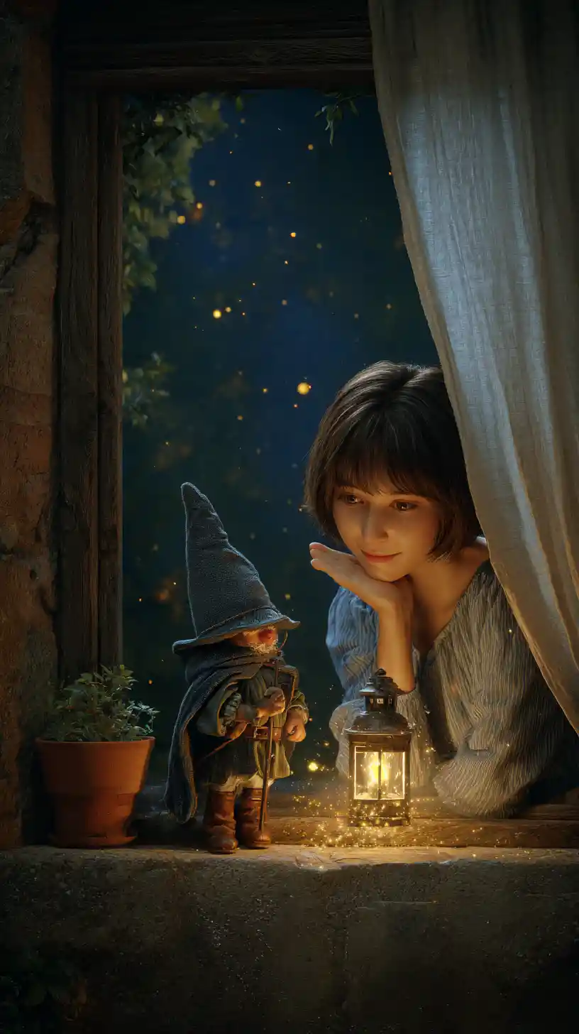 Woman at stone window watching tiny lantern gnome at night