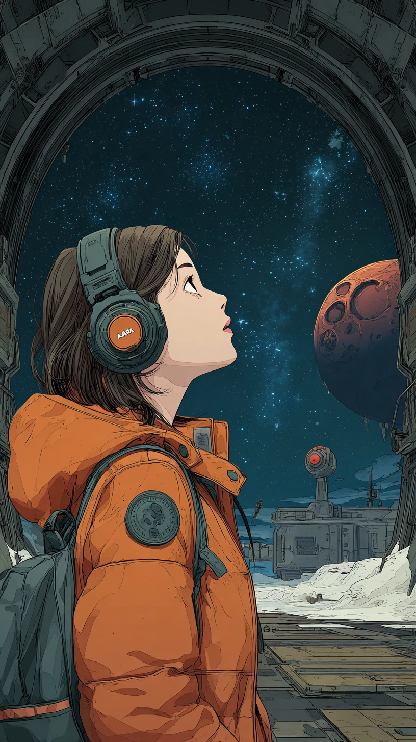 Young woman gazing through spaceship window at distant red planet