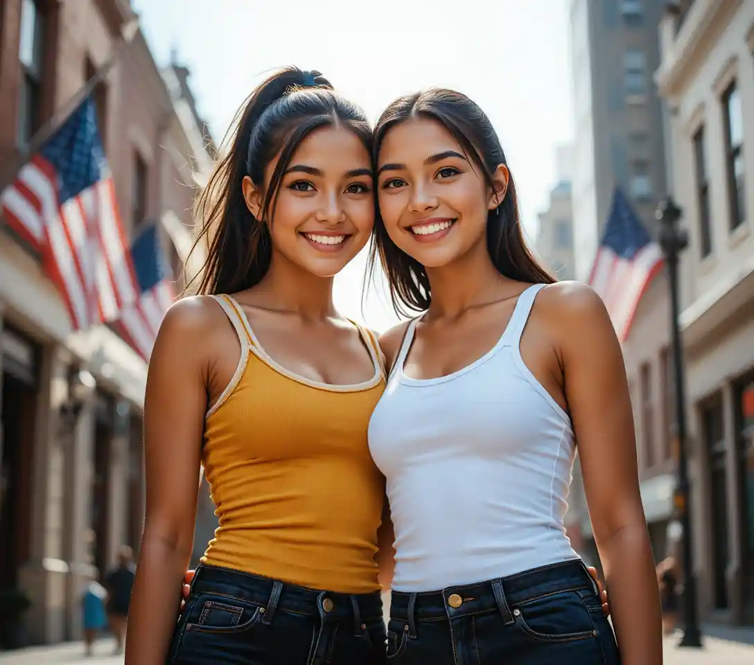 Conjoined hispanic teen girls smiling in urban portrait