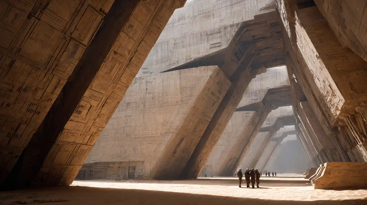 Massive sci fi hangar with towering dark futuristic structures