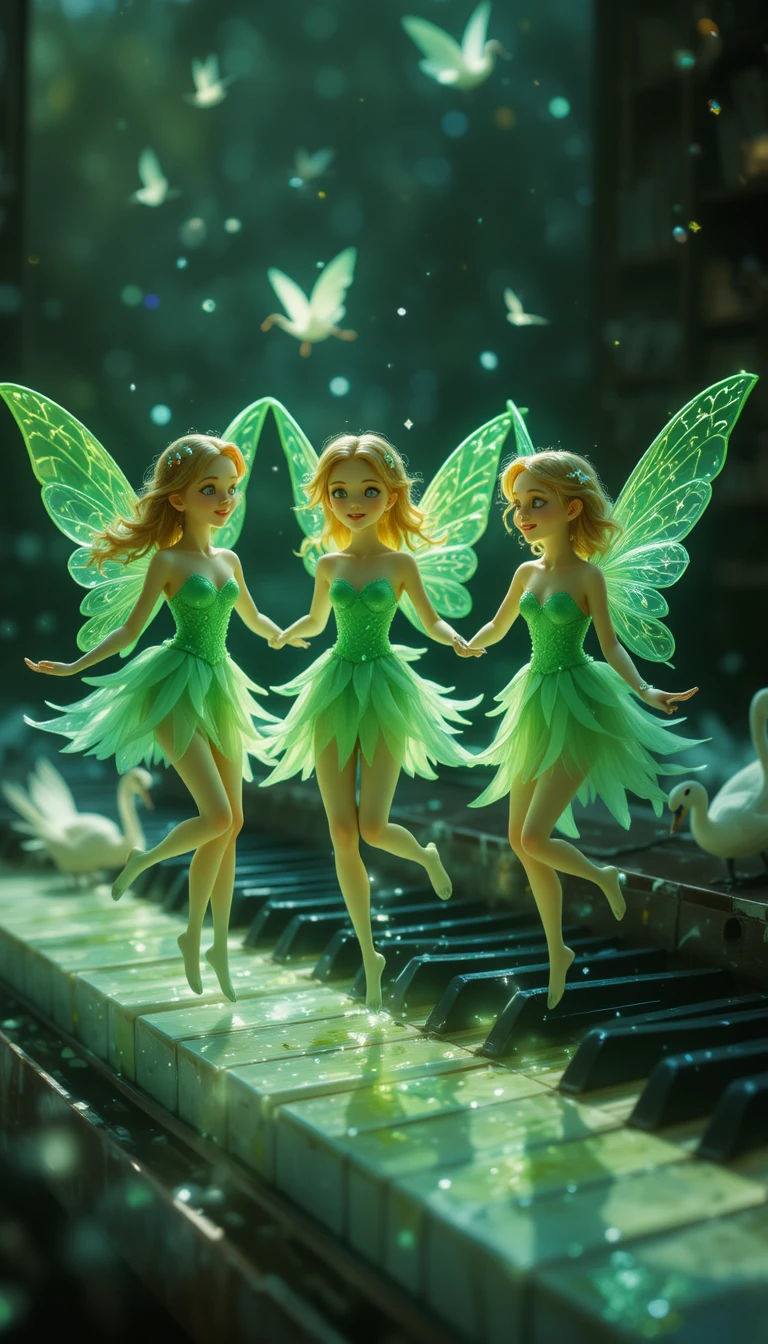 Emerald fairies dancing together on a glowing keyboard