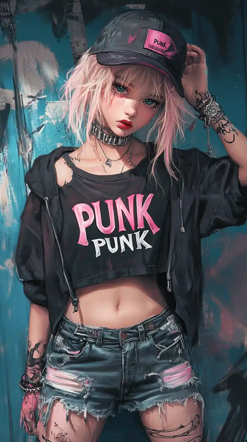 Punk anime girl blowing gum in neon urban alley
