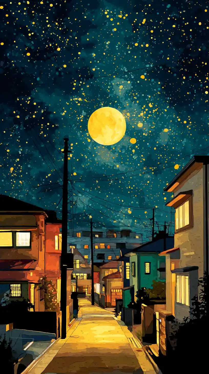 Japanese neighborhood street under a starry night sky