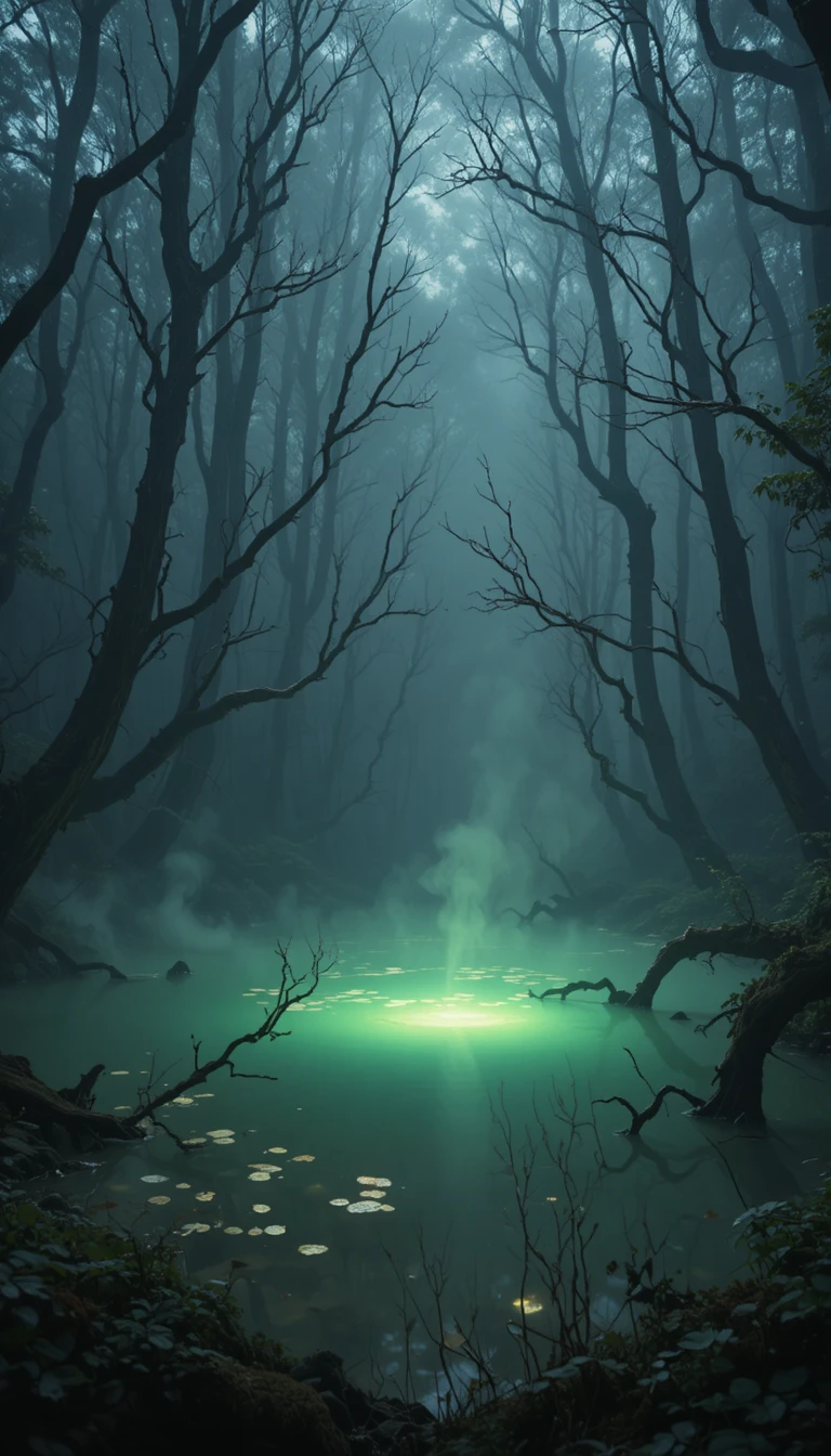 Luminescent Pond In A Mist Shrouded Ancient Forest