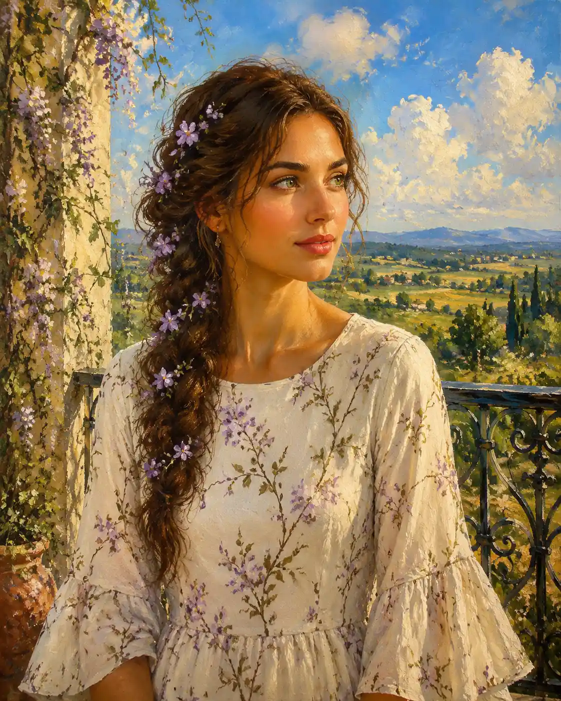 Woman with floral braid gazing from balcony to countryside
