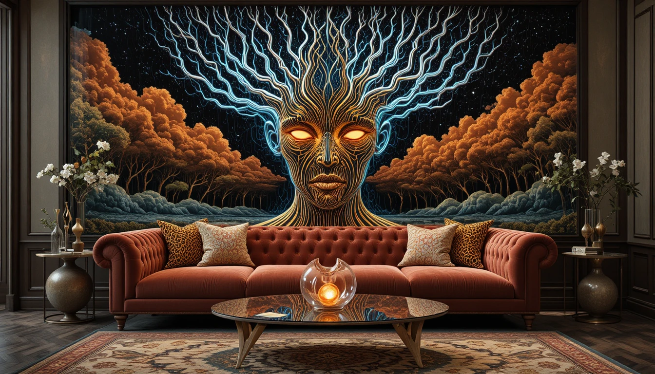 Velvet baroque sofa before surreal swirling cosmic painting