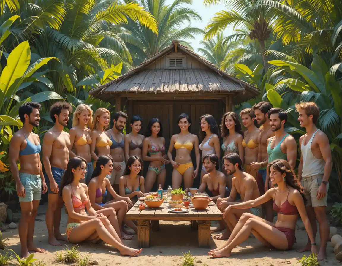 Diverse friends relaxing in a sunny tropical garden gathering