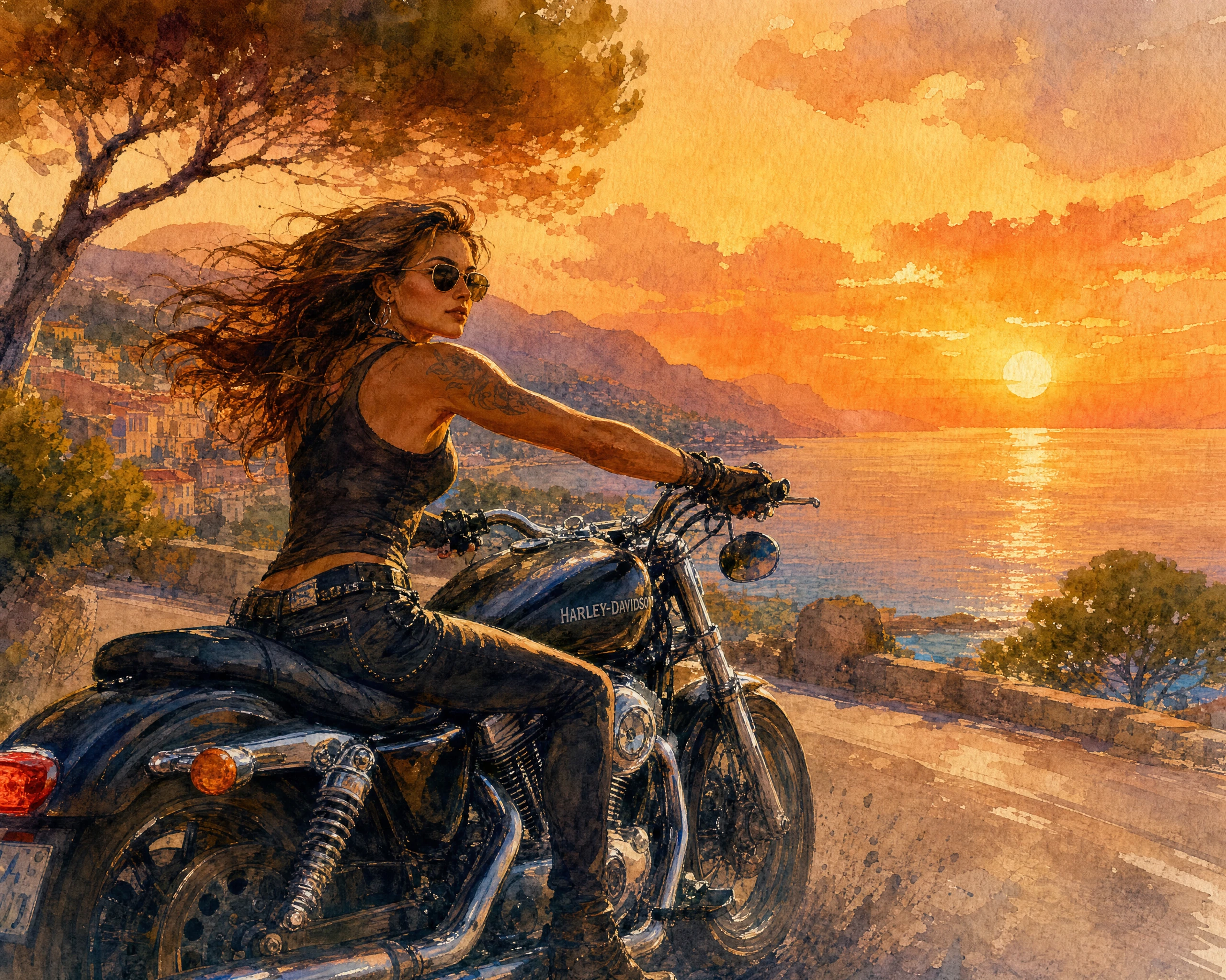 Atrevida motociclista conduciendo junto a la costa al atardecer