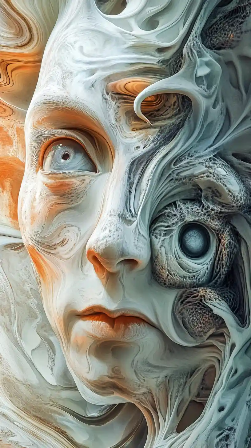 Surreal figure shifting into new dimensions of reality