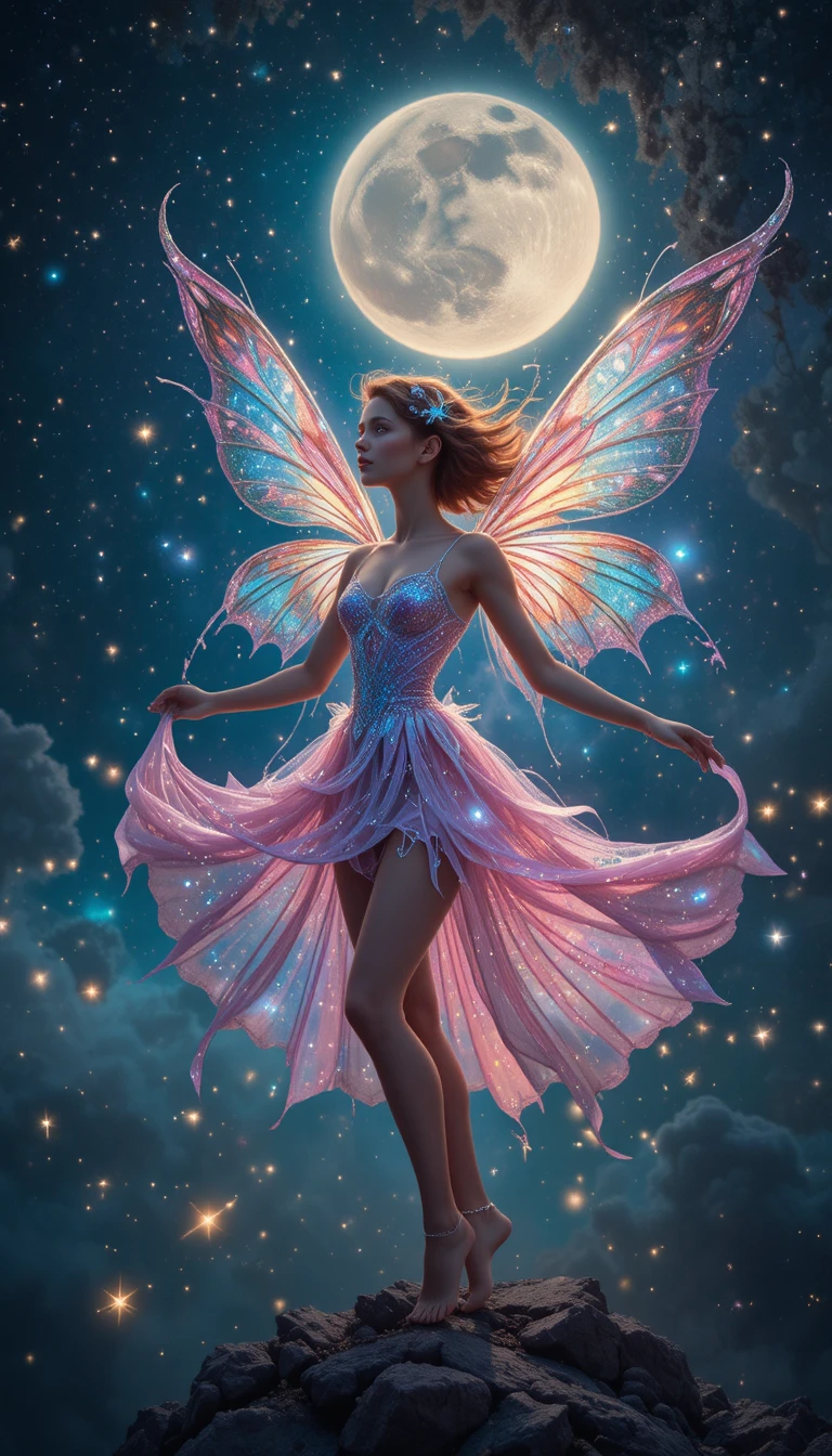 Whimsical fairy dancing under a glowing starry moonlit sky
