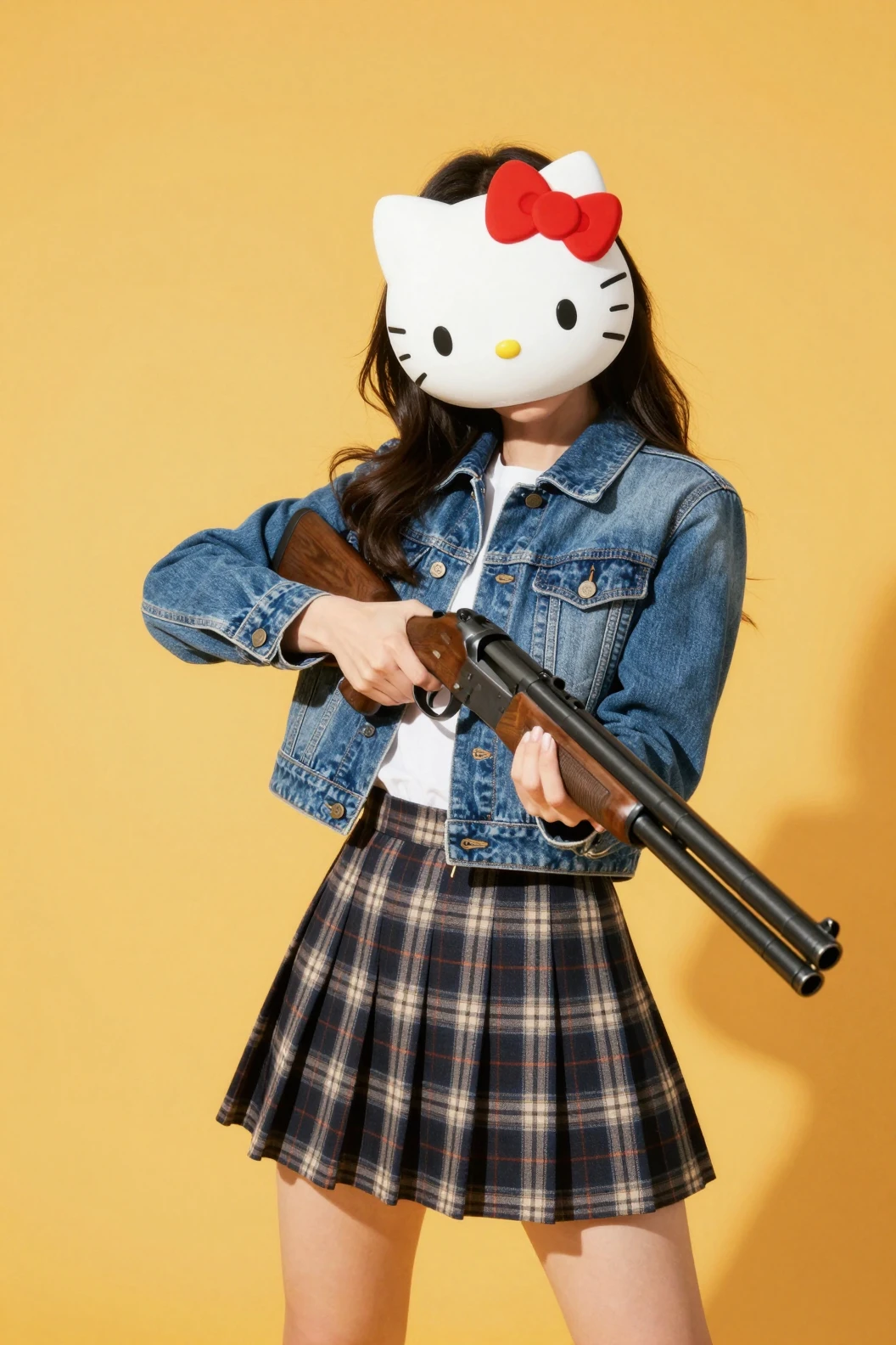 Mujer con máscara de Hello Kitty apuntando una escopeta en ángulo bajo