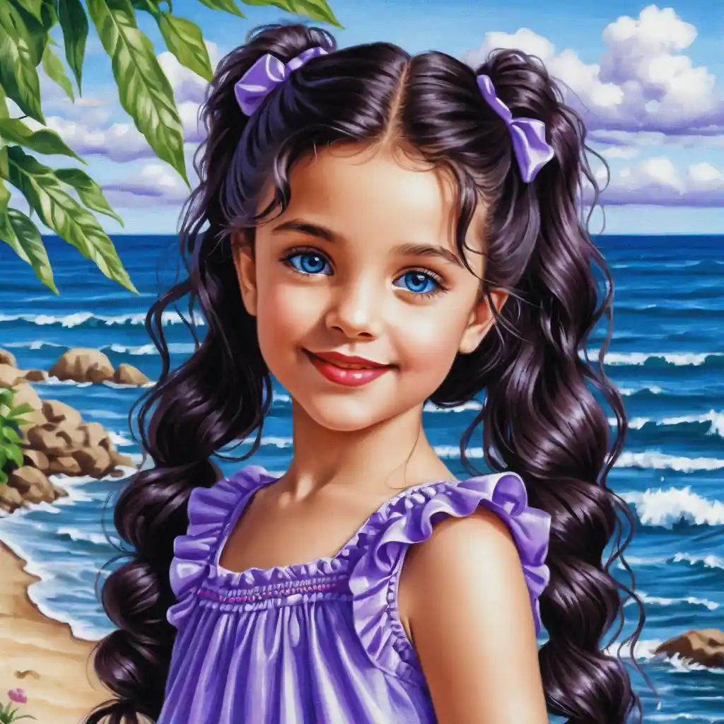 Smiling girl with long curly hair in purple summer dress