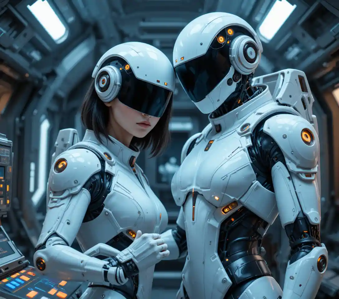 Female astronaut with robot in futuristic spaceship control room
