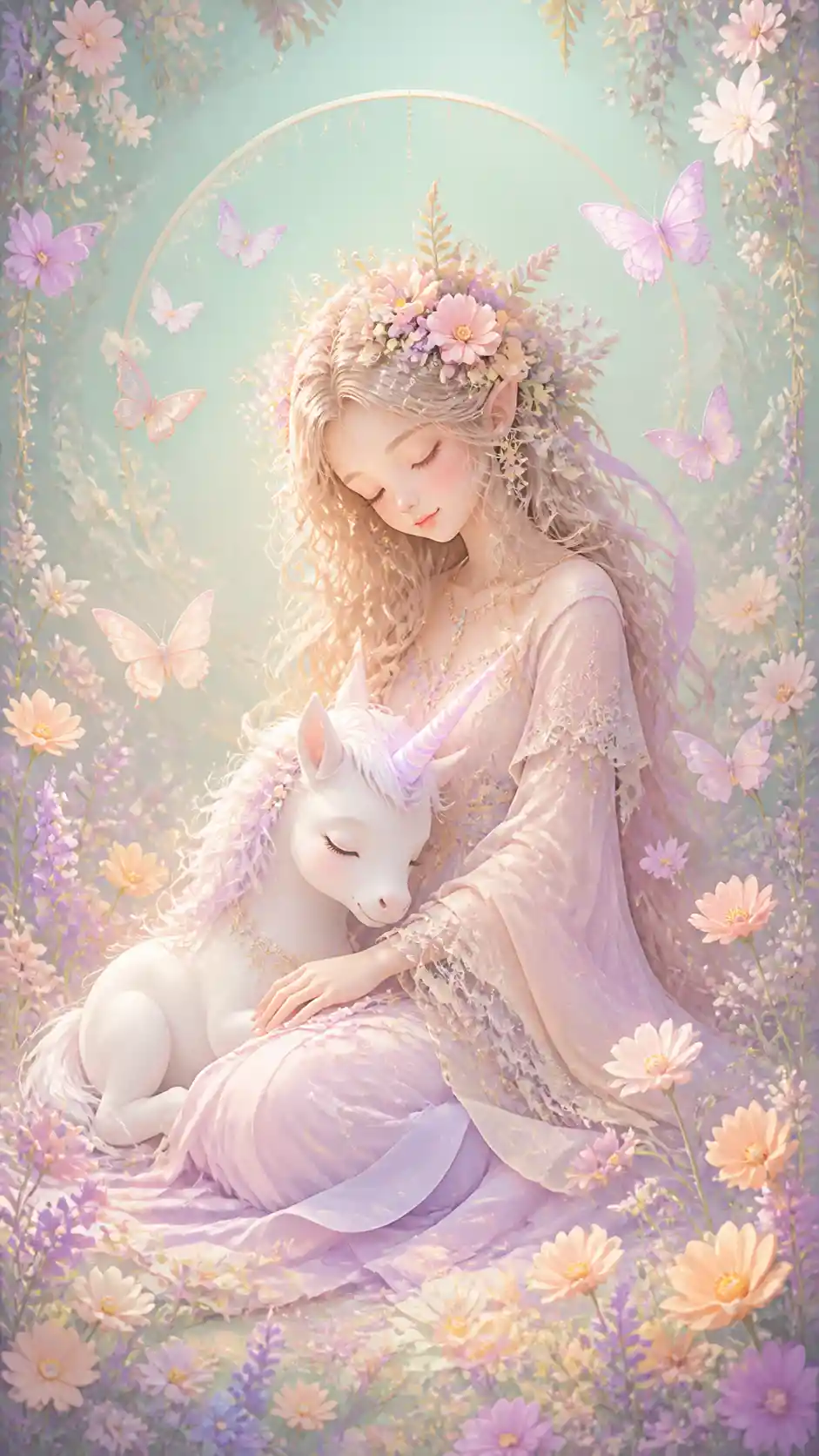 Gentle meadow fairy with baby unicorn in pastel scene