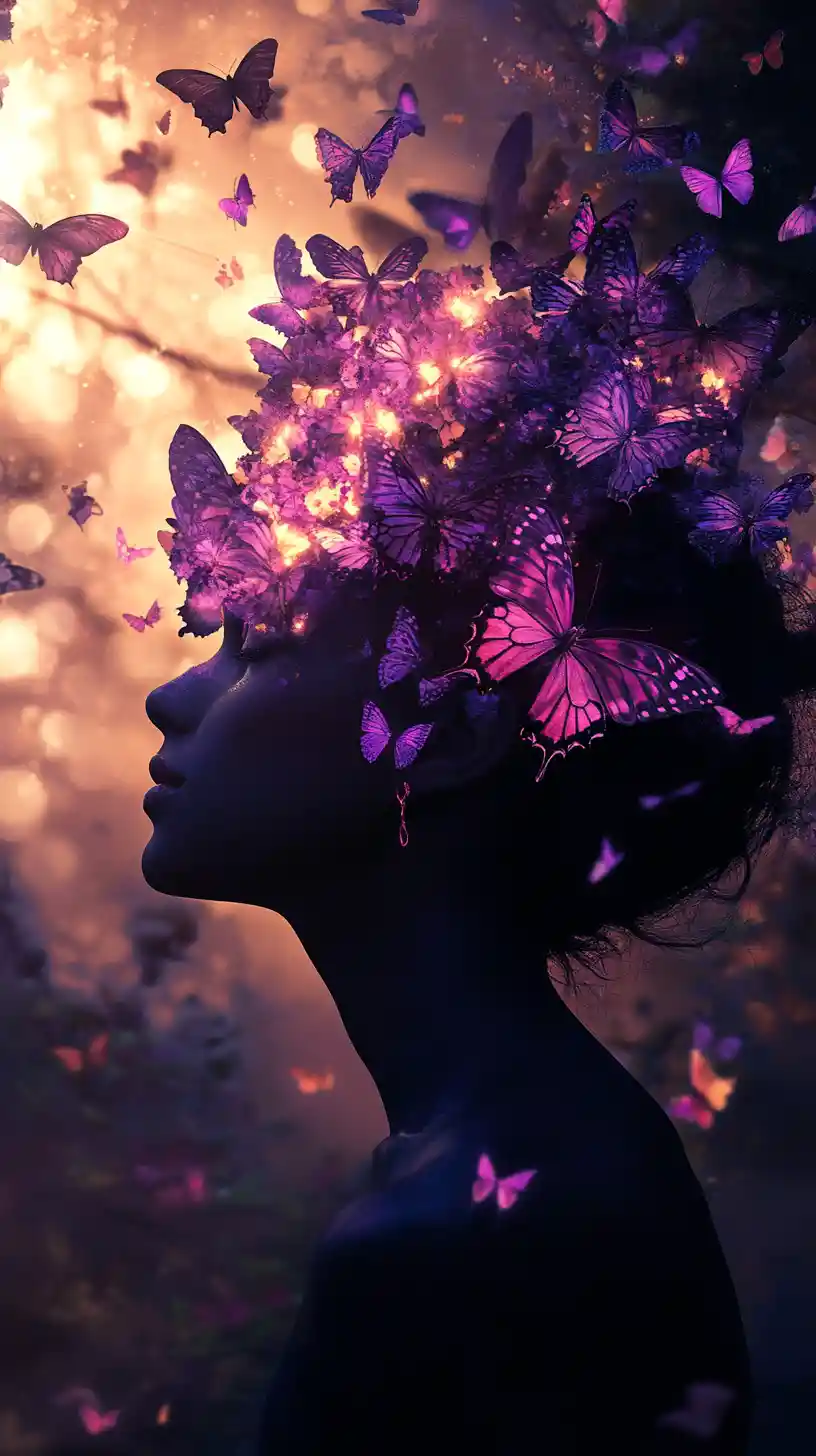 Silhouetted woman with glowing butterflies in twilight forest