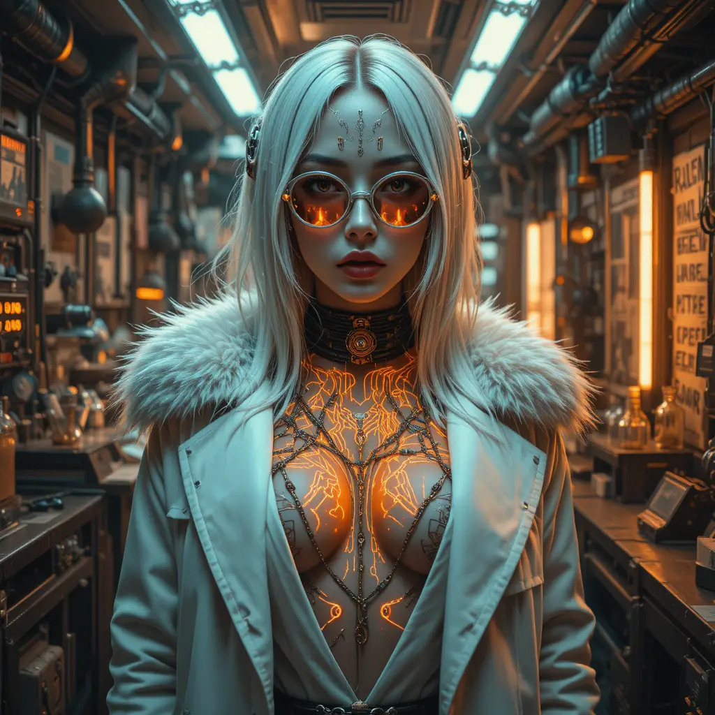 Cyberpunk femme fatale in a high contrast lab close up