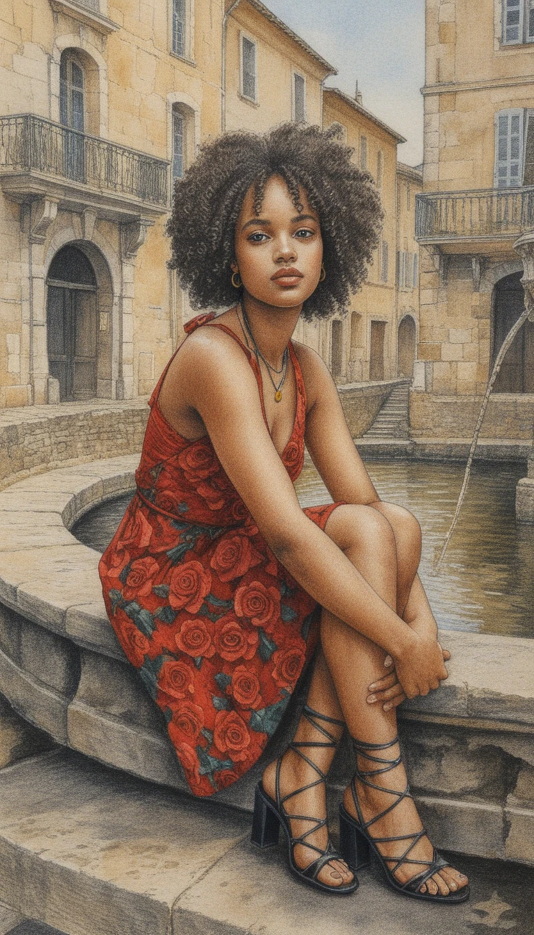 Sensual woman in floral dress by stone fountain