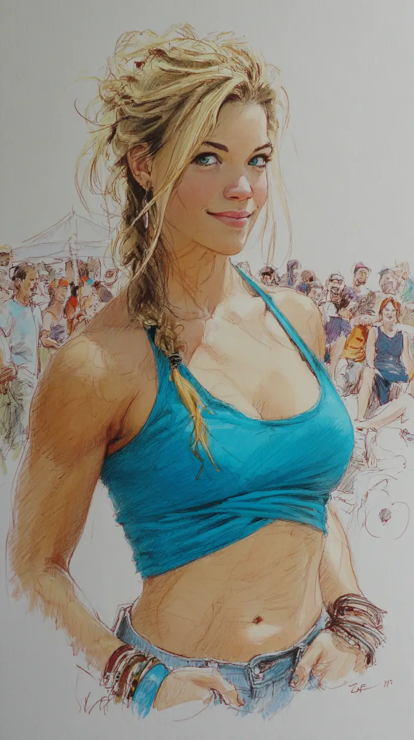 Tall athletic blonde woman in turquoise top and jeans