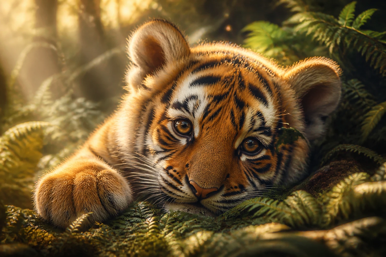 Baby tiger cub resting on ferns in soft jungle sunlight