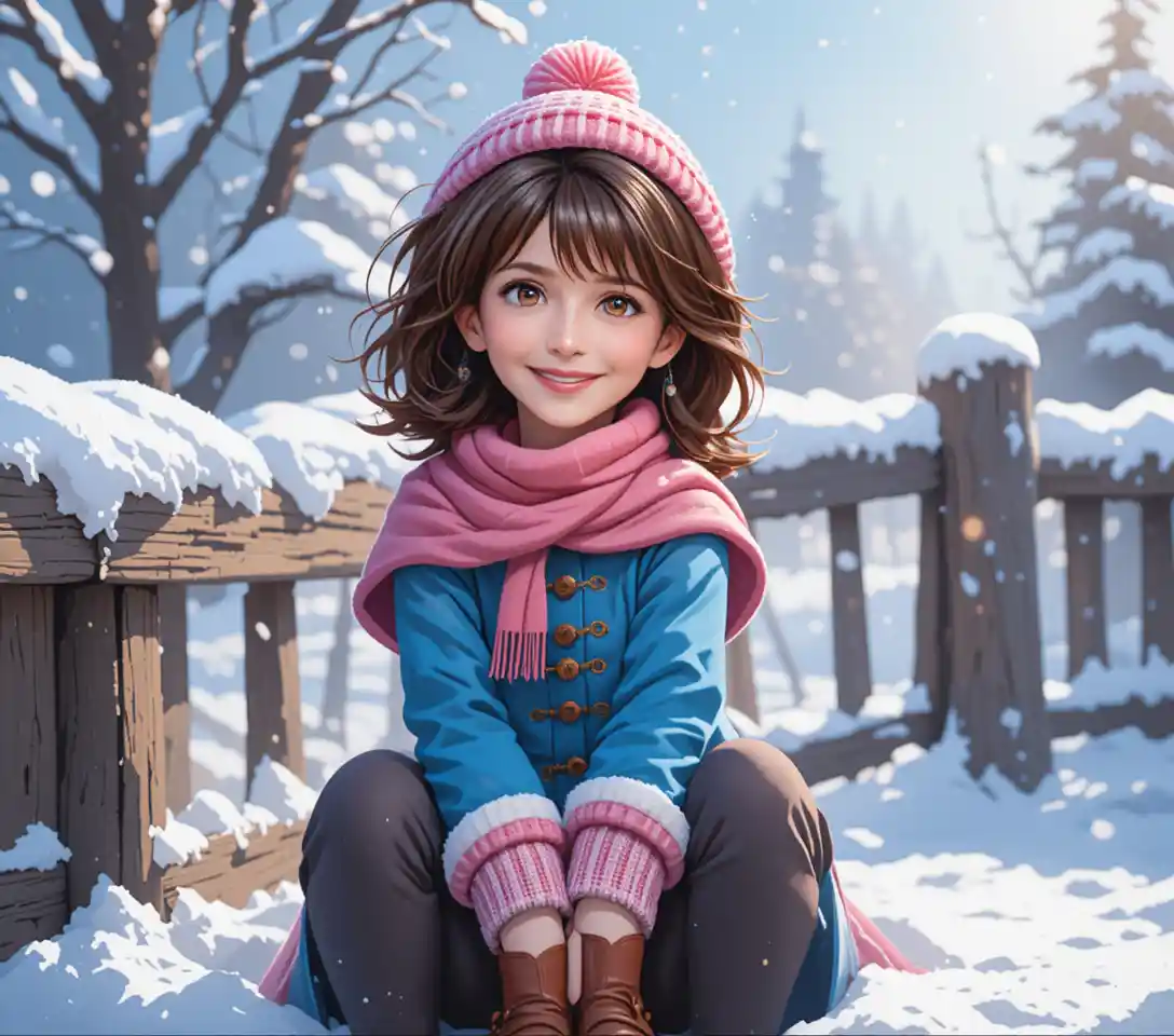 Smiling anime girl in a sunny winter landscape