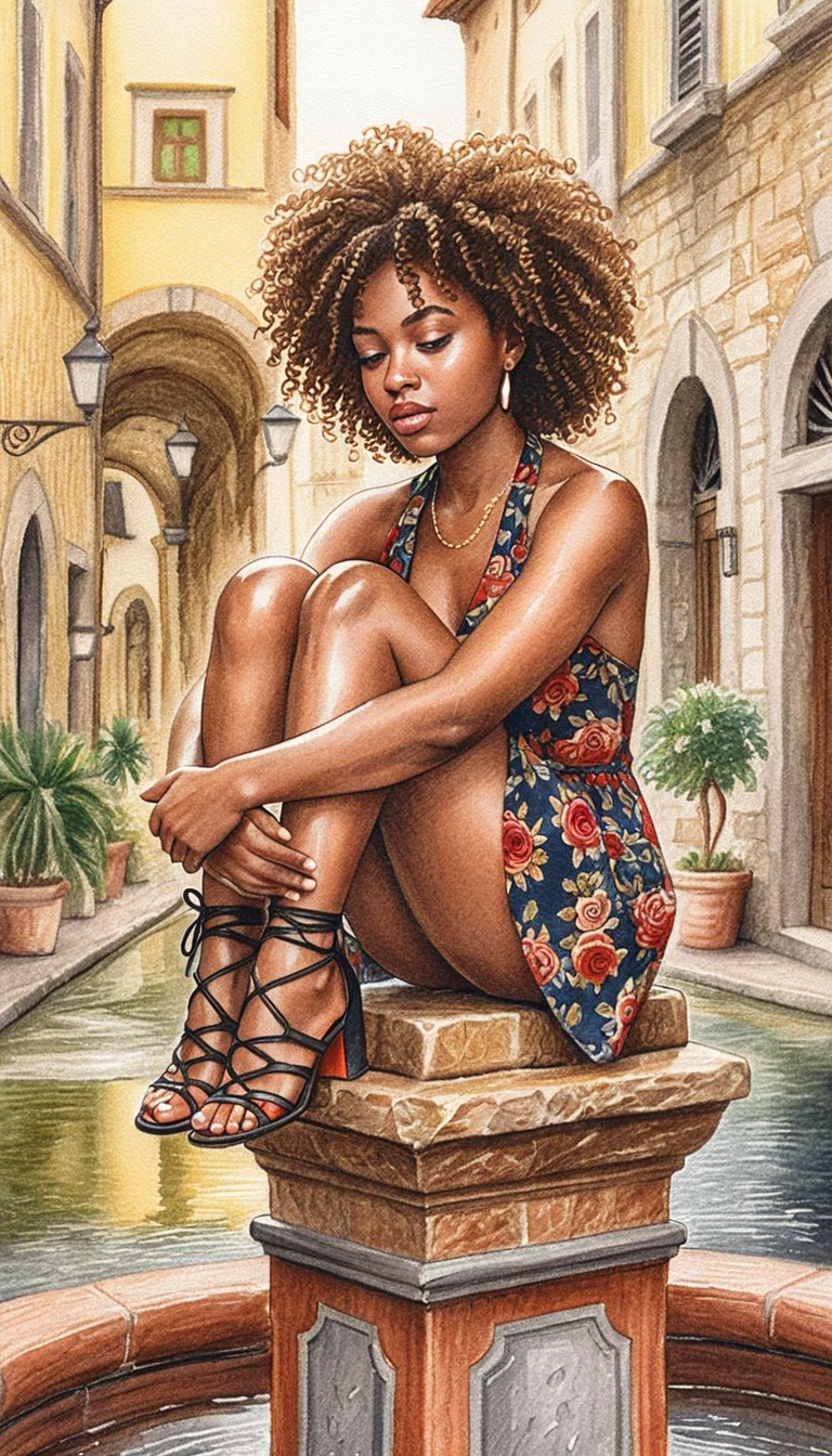 Color pencil portrait of a confident woman by a stone fountain