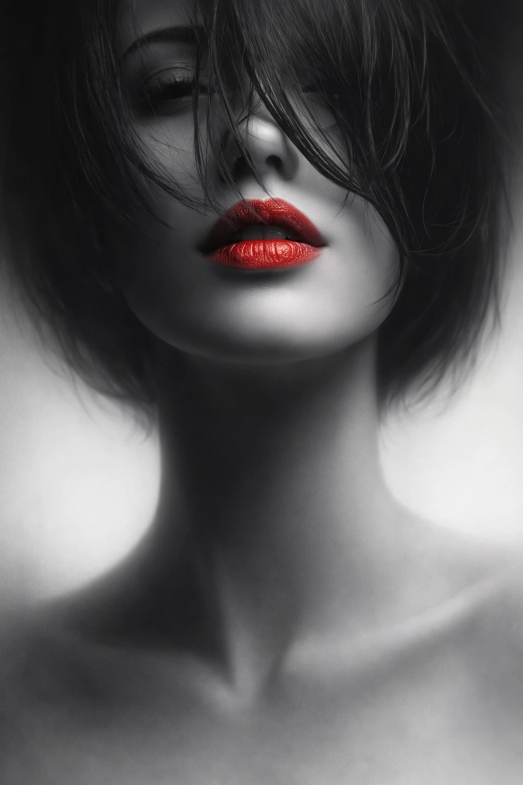 Surreal portrait of a beautiful woman blending into illustration