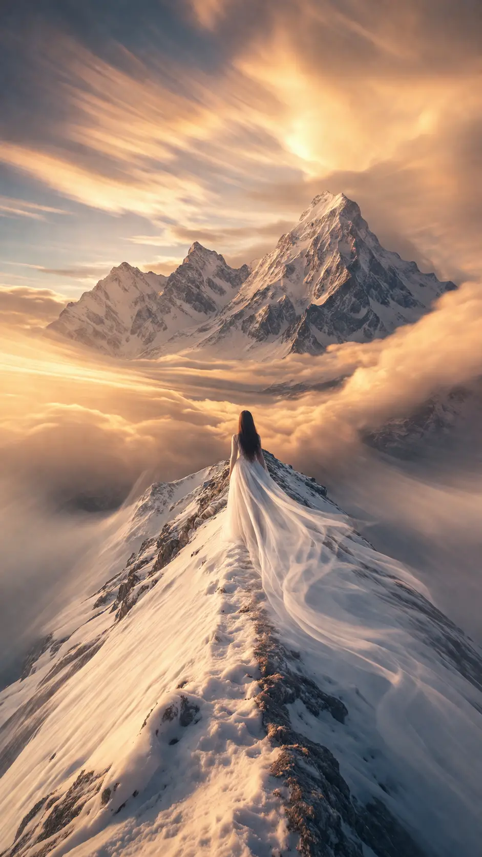 Woman In White Dress On Snowy Mountain Ridge