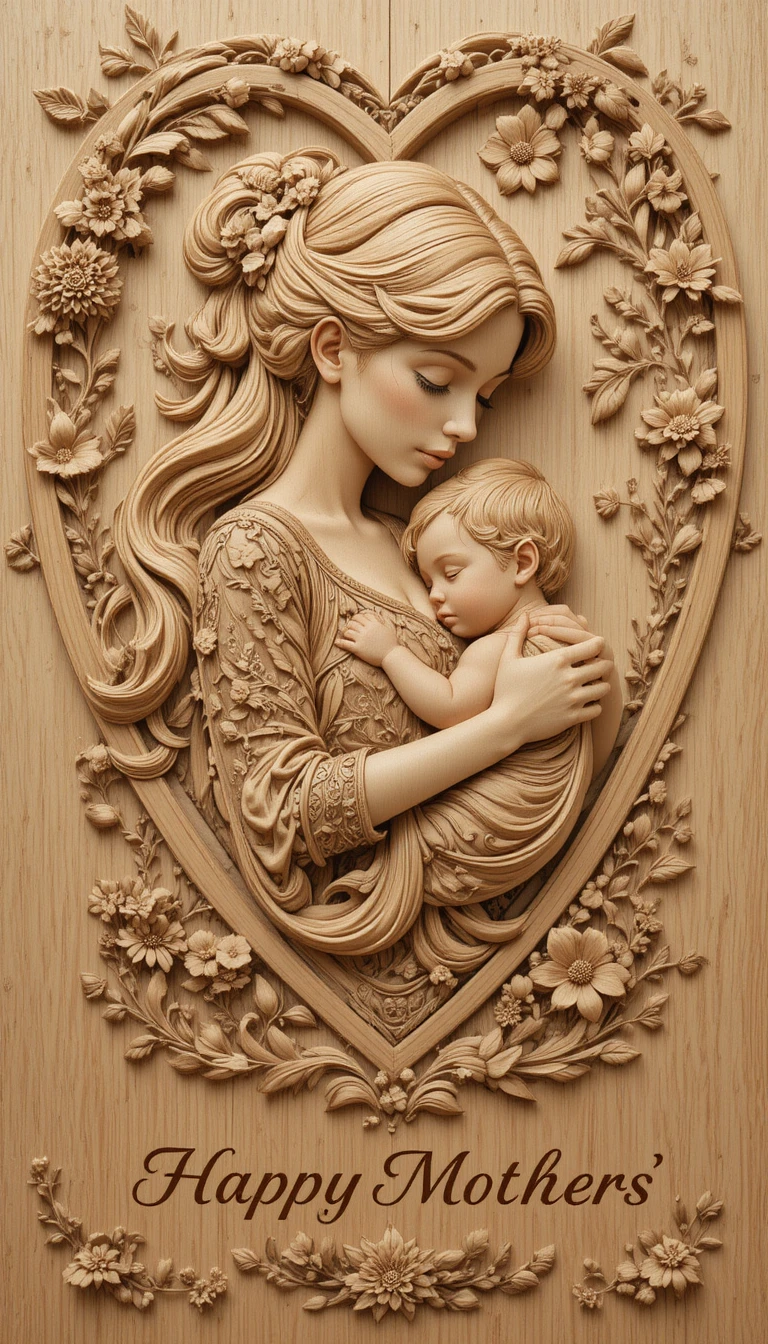 Mother tenderly cradling baby in wooden heart carving