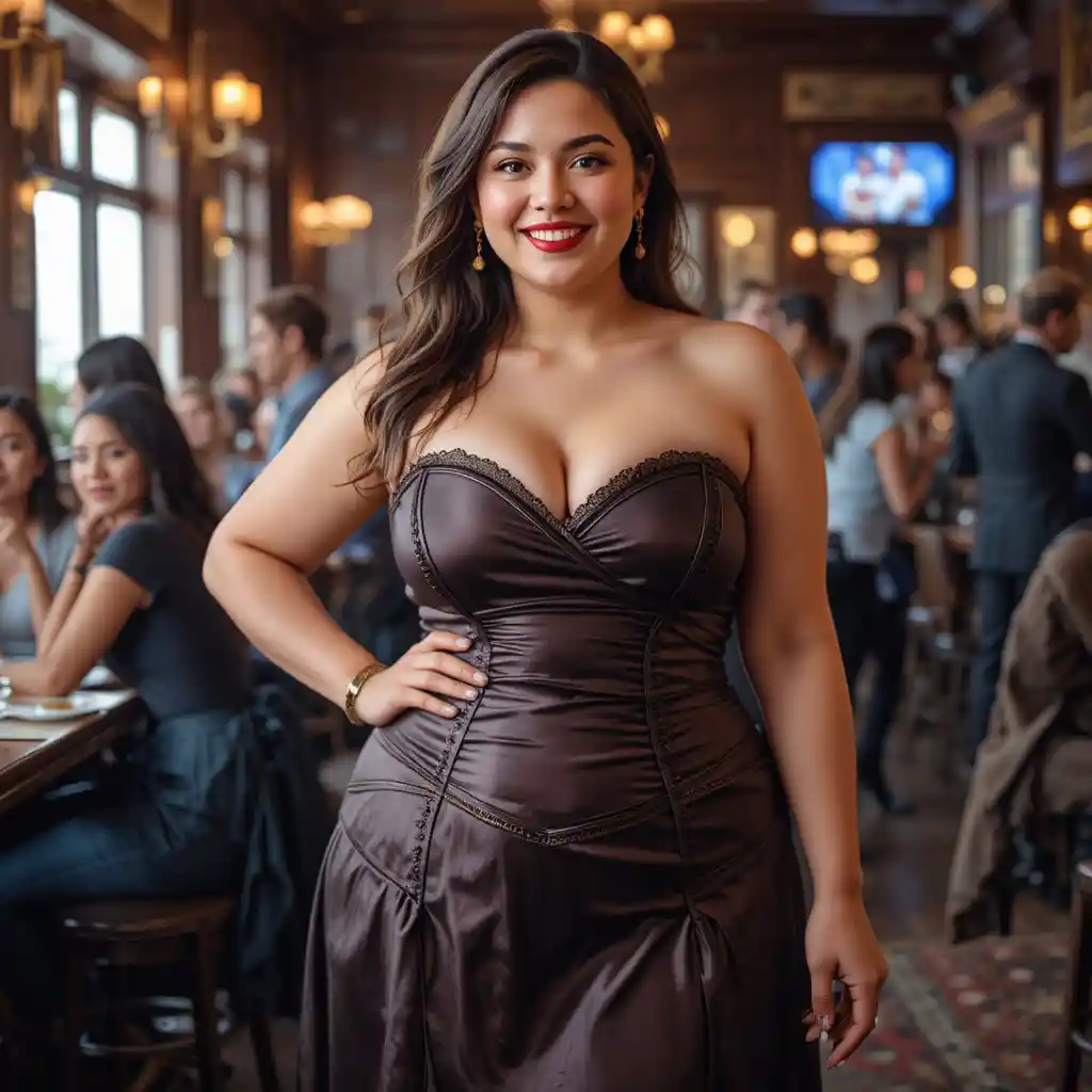 Confident plus size woman in corset dress at busy pub