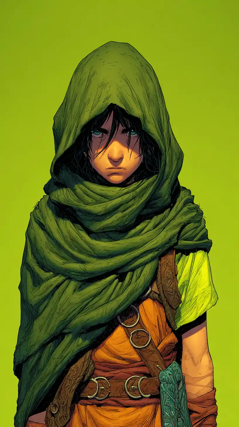 Hooded anime girl in emerald cloak with intense gaze