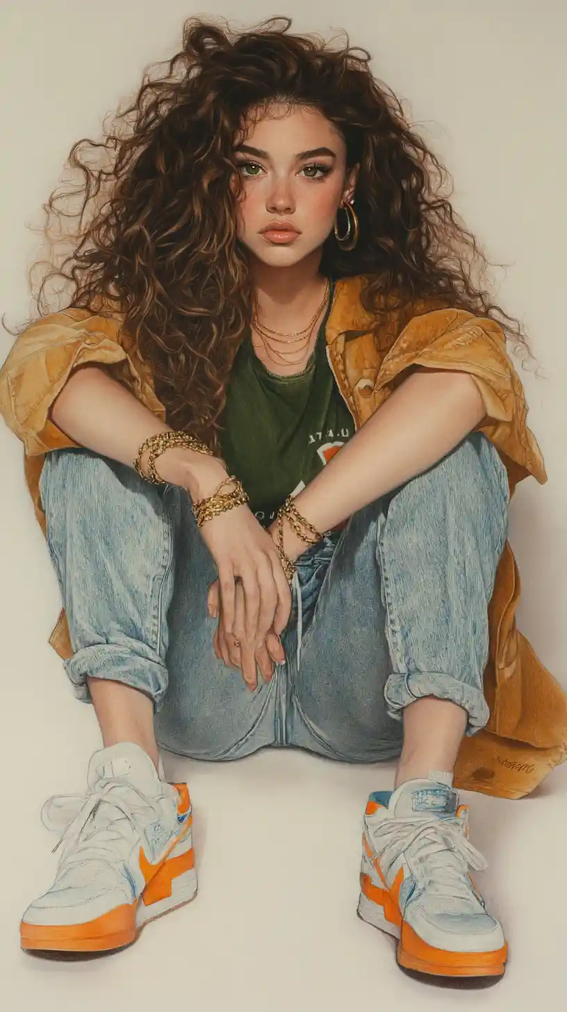 Confident woman seated with wide pose and curly hair