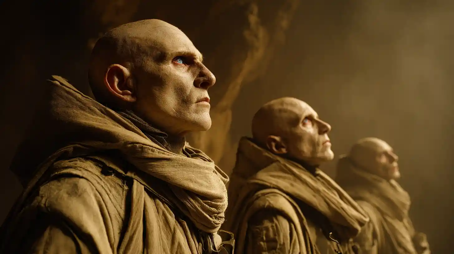 Three ascetic cave guardians before an ancient echoing cube
