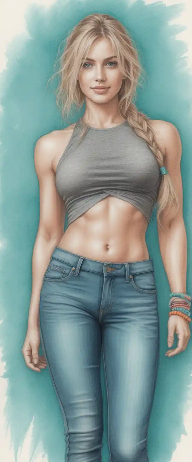 Tall athletic blonde woman in turquoise top full body drawing