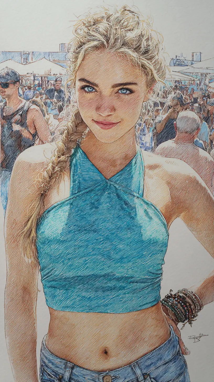 Tall athletic blonde woman in turquoise top full body portrait