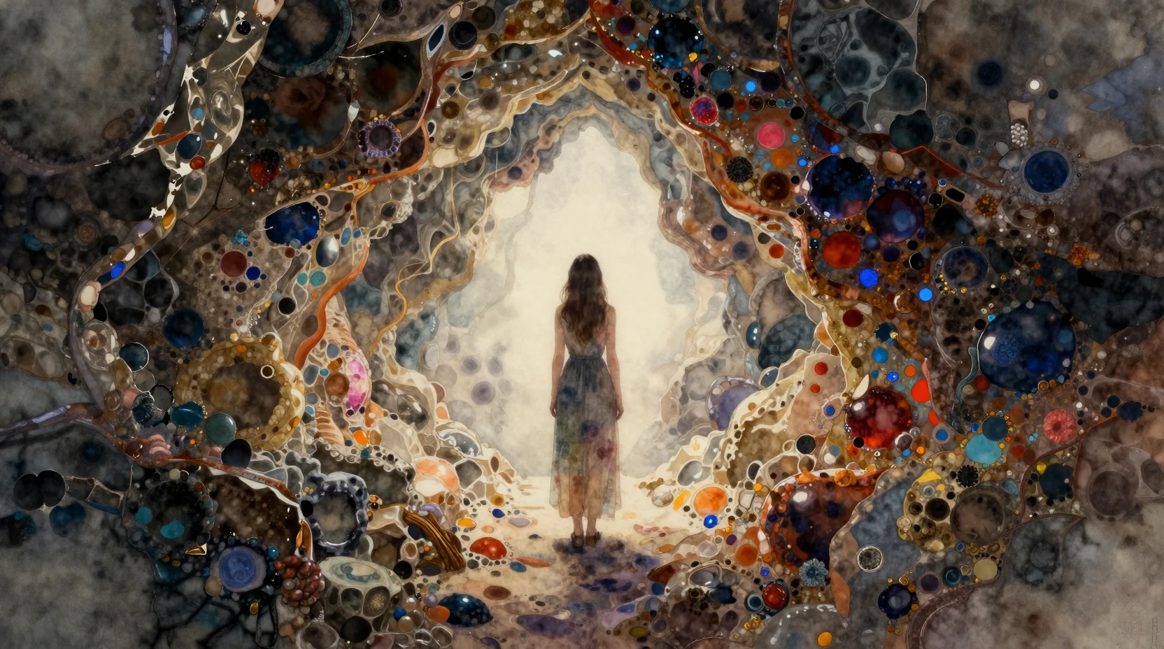 Ethereal woman in a stained stone passage watercolor