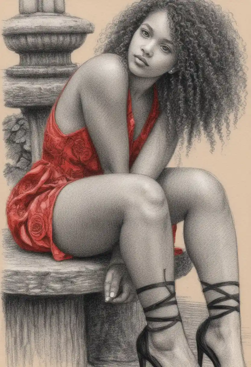 Confident woman by a stone fountain in color pencil illustration