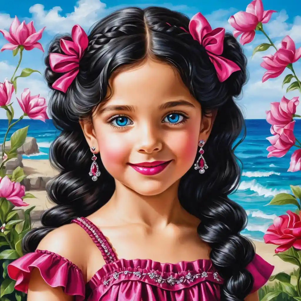 Smiling girl with long curly hair in fuchsia summer dress