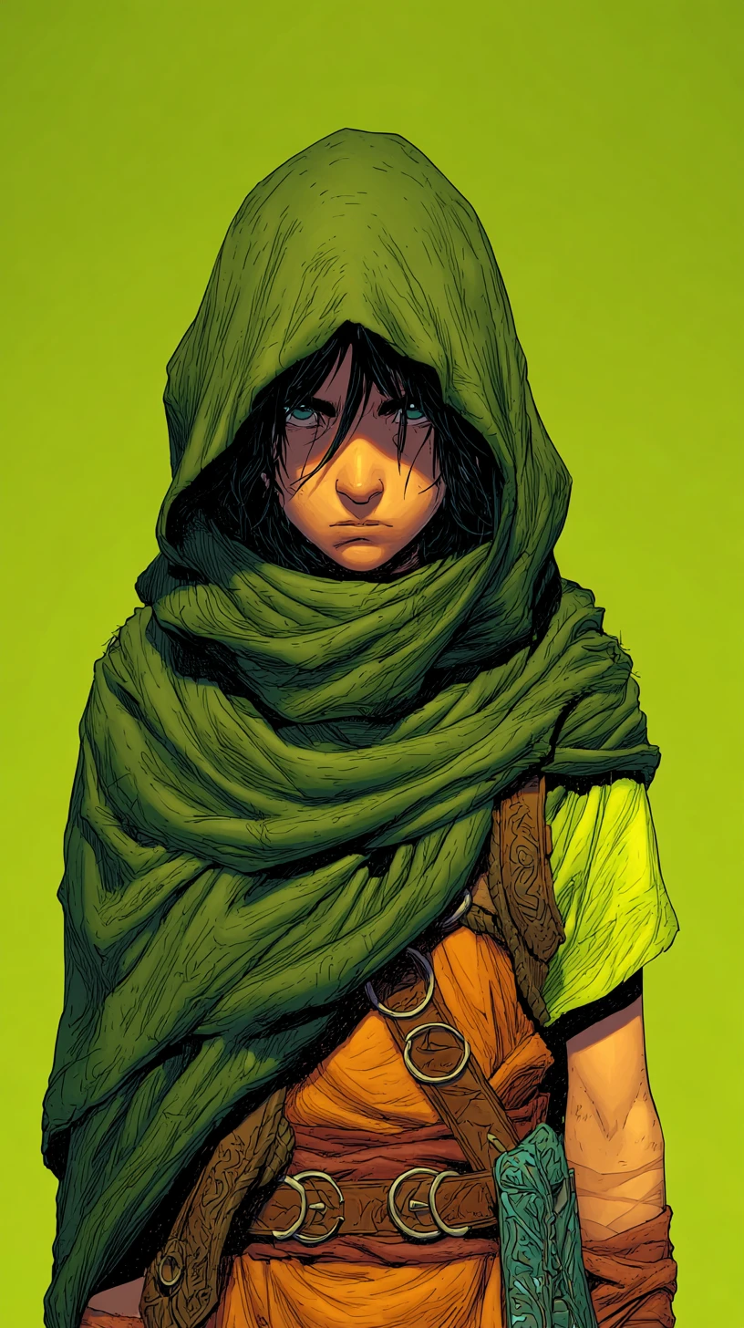 Hooded anime girl in emerald cloak with intense gaze